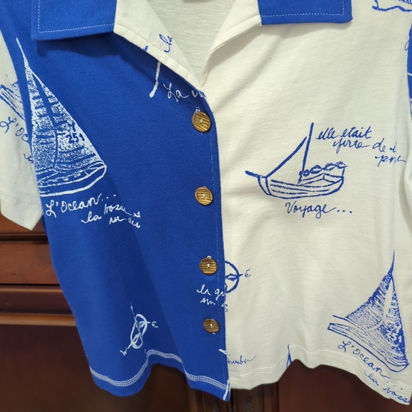 Women's Copa Cabana Sailboats USA Blouse Size Petite Sm Short Sleeve Button Up - Picture 6 of 10